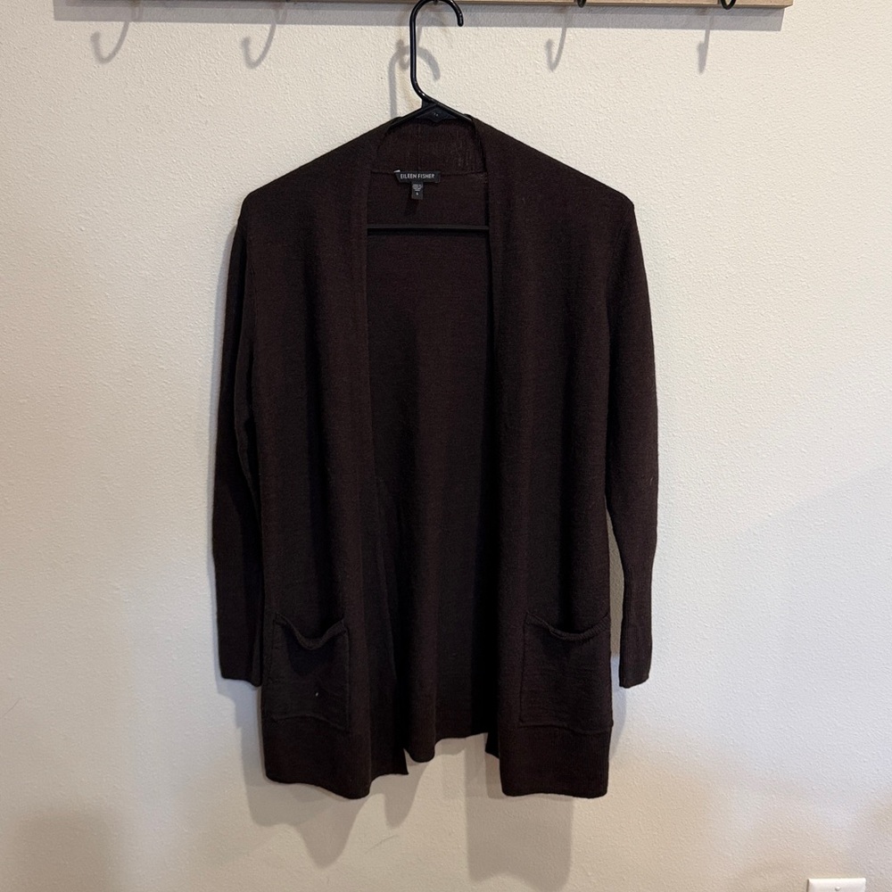 Eileen Fisher Open Front Long Line Wool Cardigan